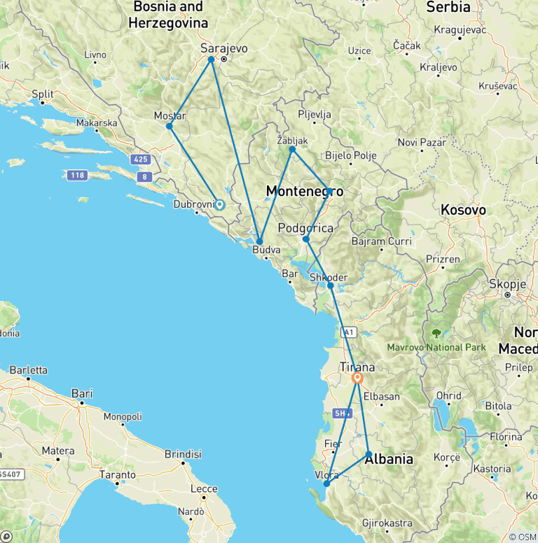 Map of Classic Balkans: Bosnia & Herzegovina to Albania