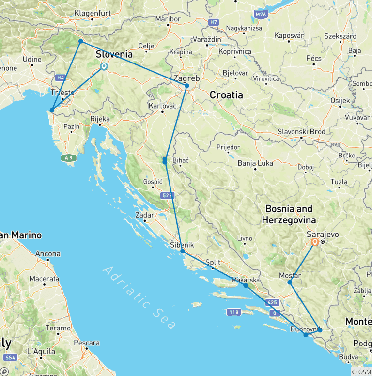 Map of Classic Balkans:  Ljubljana to Sarajevo