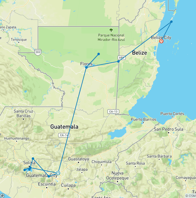 Map of Guatemala & Belize experience in 9 days