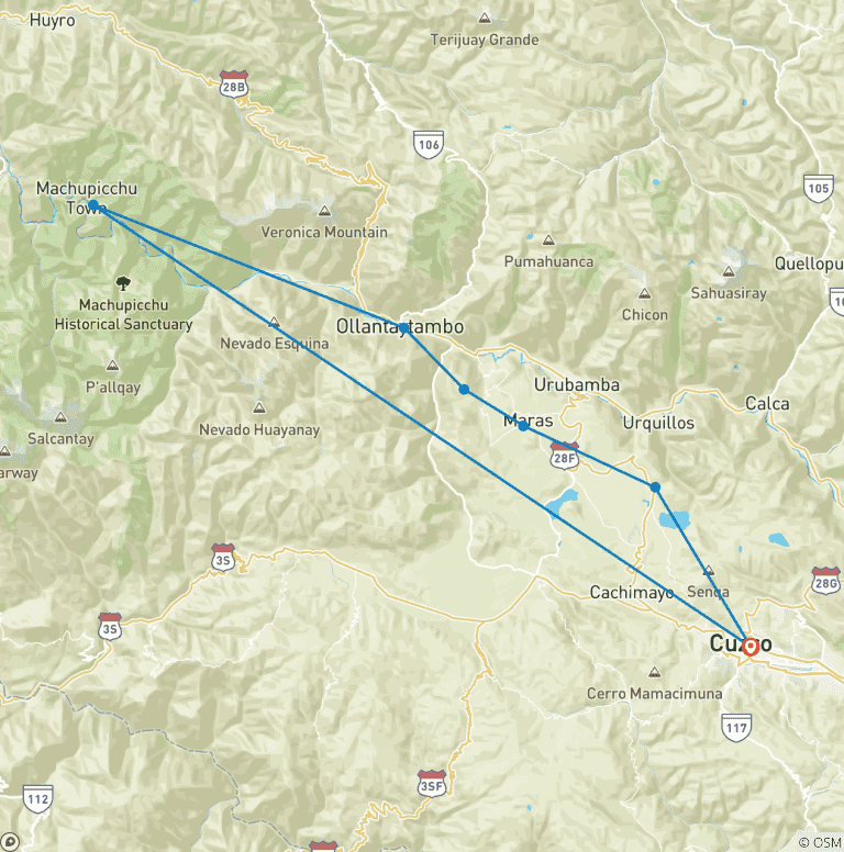 Map of CLASSIC INCA TRAIL TO MACHU PICCHU + SACRED VALLEY – 7-DAY ADVENTURE