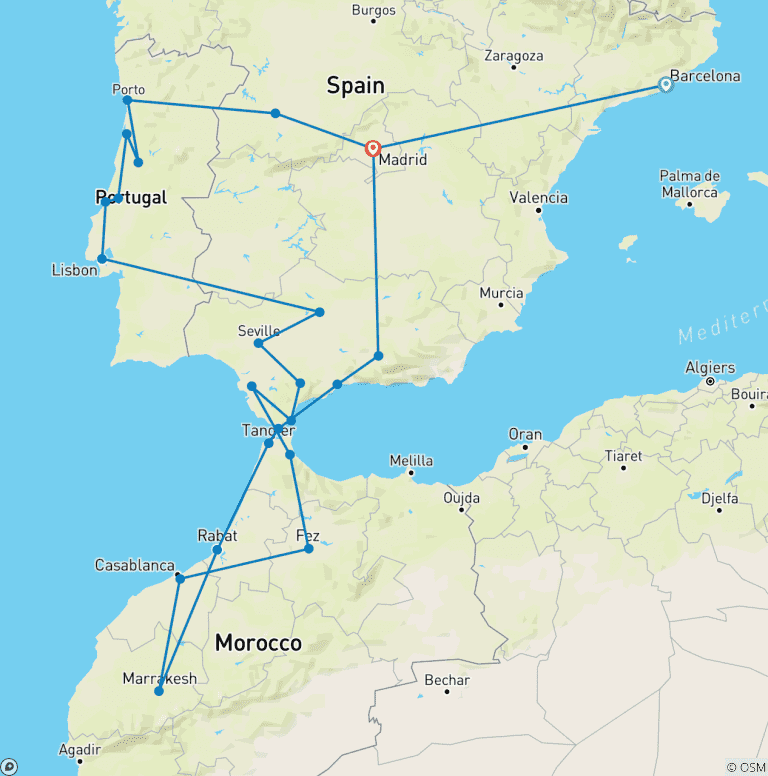 Map of 23D Spain Portugal Morocco Premium Small Grp Tour