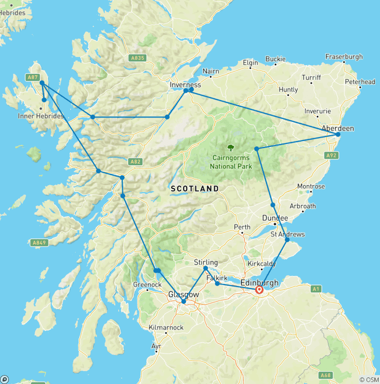 Map of Grand Tour of Scotland – 14-Day Journey through History and Beauty (24 destinations)