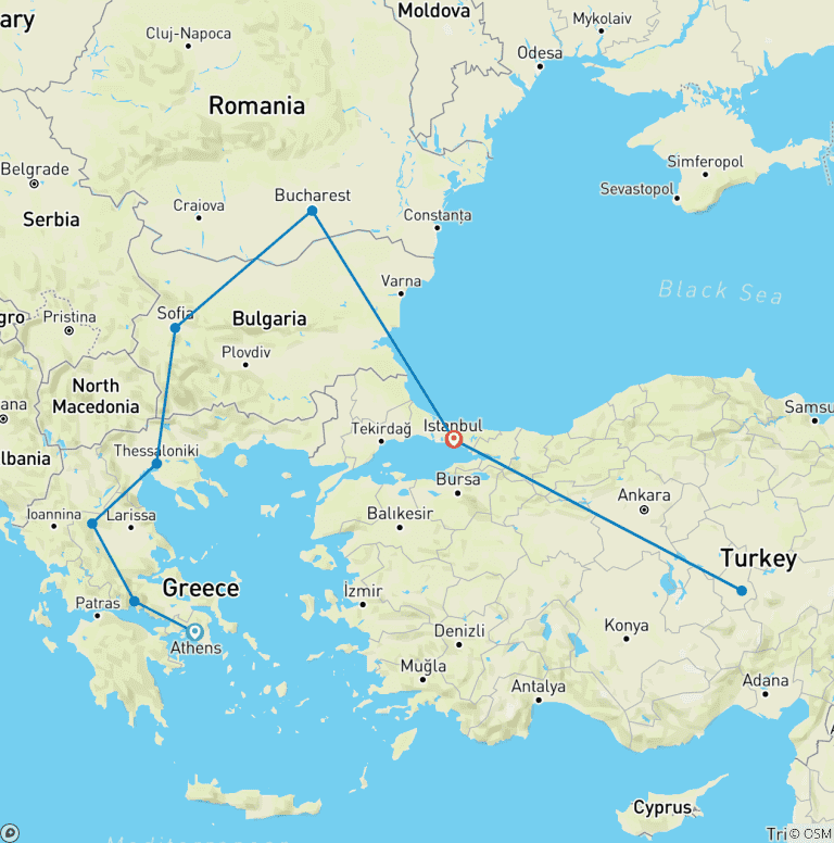 Map of Athens to Cappadocia thru Bucharest and Istanbul - 3 FLIGHTS INCLUDED - Small Group Tour