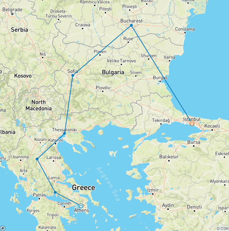 Map of Athens to Istanbul thru Bucharest - Discovering Ancient Wonders 1 FLIGHT INCLUDED - Small Group Tour