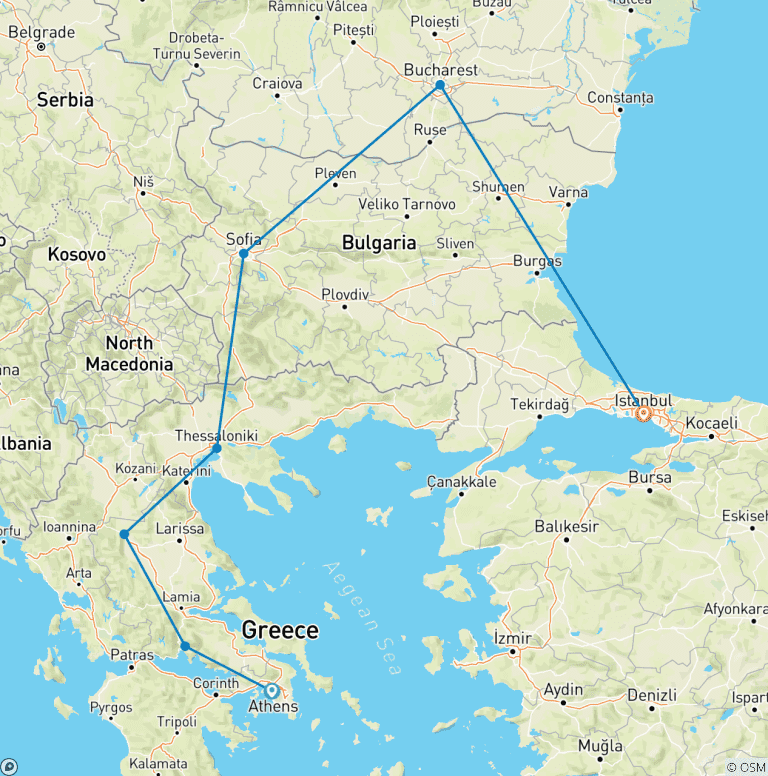 Map of Athens to Istanbul thru Bucharest - Discovering Ancient Wonders 1 FLIGHT INCLUDED - Small Group Tour