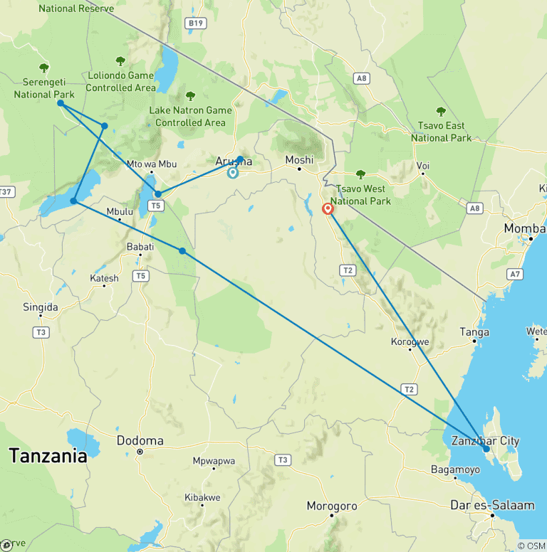 Map of 19-DAY TANZANIA NORTHERN PARKS AND ZANZIBAR BEACH HOLIDAY