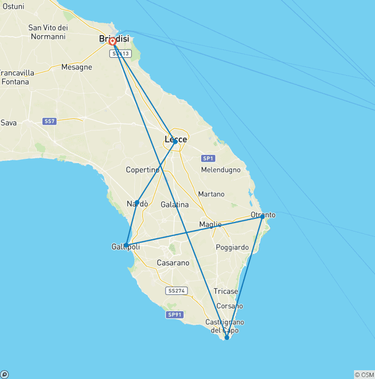 Map of Luxury Gay Salento Food & Wine Vacation with Italy Gay Travels
