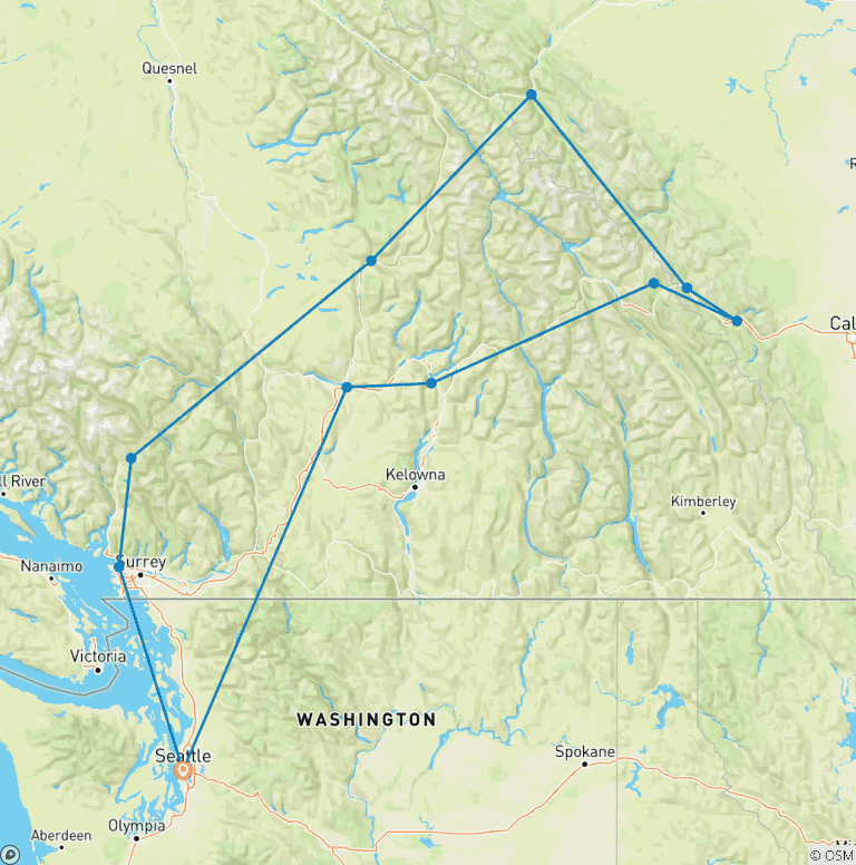 Map of Canadian Rockies from Seattle (Camping) - 7 days