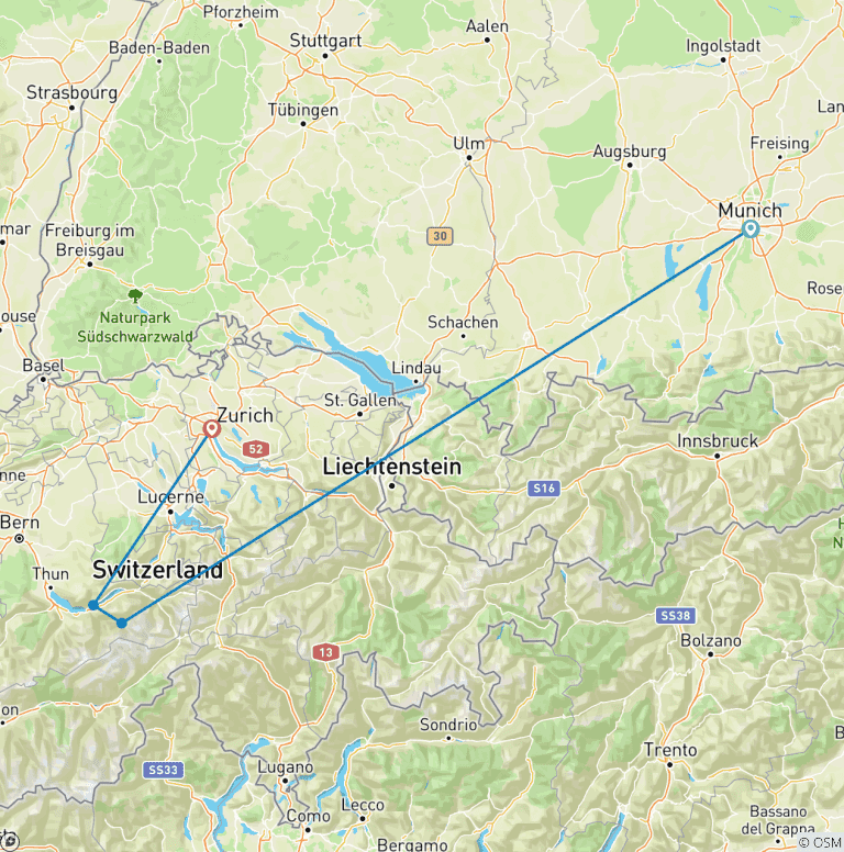 Map of 7 Day Munich And Zurich Including Grindelwald ,Interlaken and Neuschwanstein