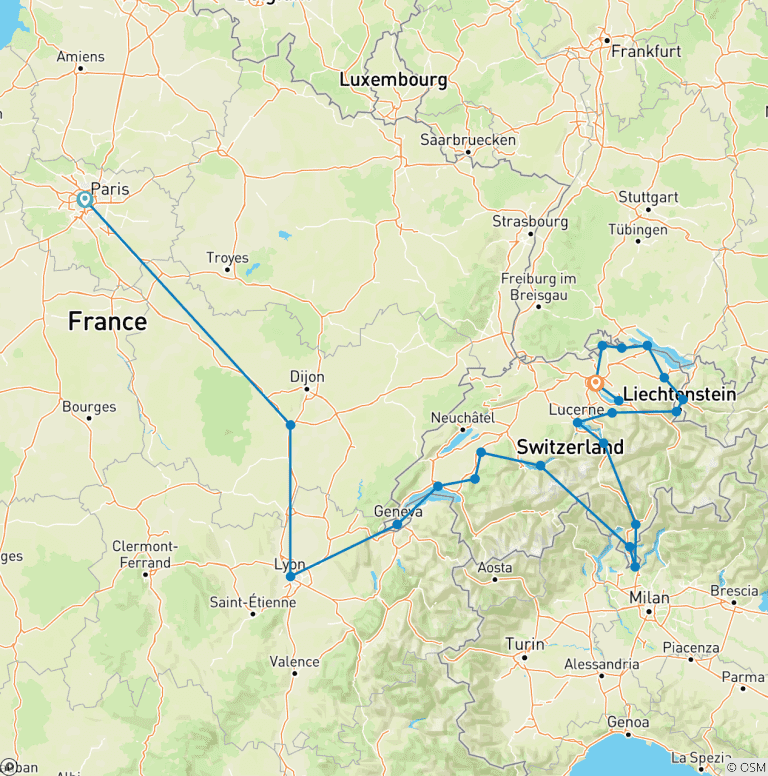 Map of France and Swiss Alps Tour from Paris in 13 days