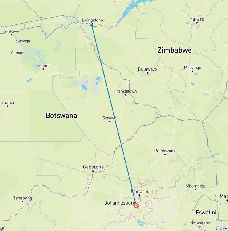 Map of 3 Day Victoria Falls Tour from Johanensburg