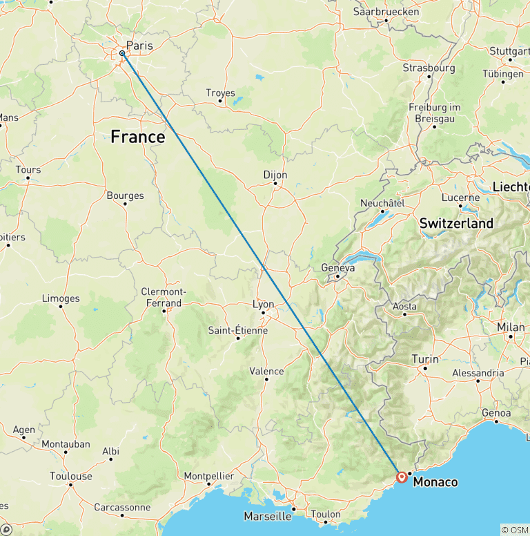 Map of 7 Day France- Paris And Nice by Train including Monaco And Versailles