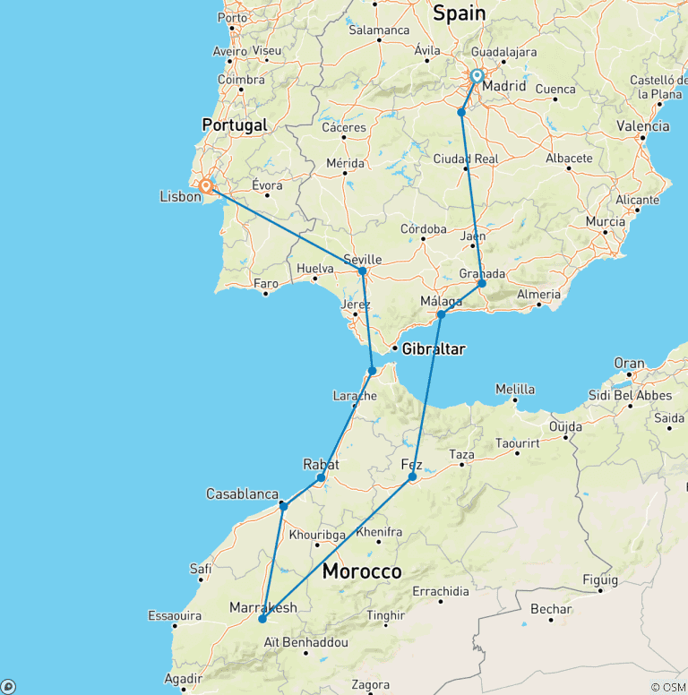 Map of Highlights of Spain, Morocco and Portugal (14 Days)