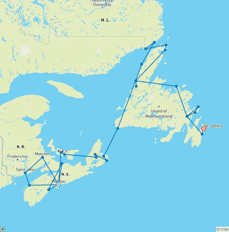 Map of Atlantic Canada Encompassed (Small Group) - 23 days
