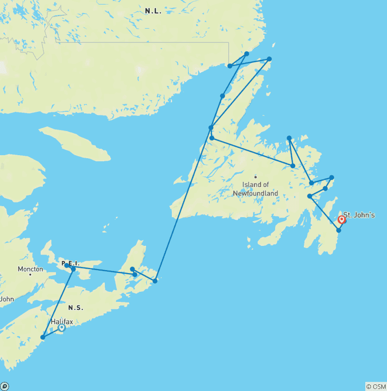 Map of Halifax to St John's - 18 days