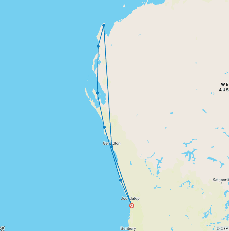 Map of WESTERN AUSTRALIA ROAD ADVENTURE: COASTAL WONDERS AND OUTBACK MAGIC
