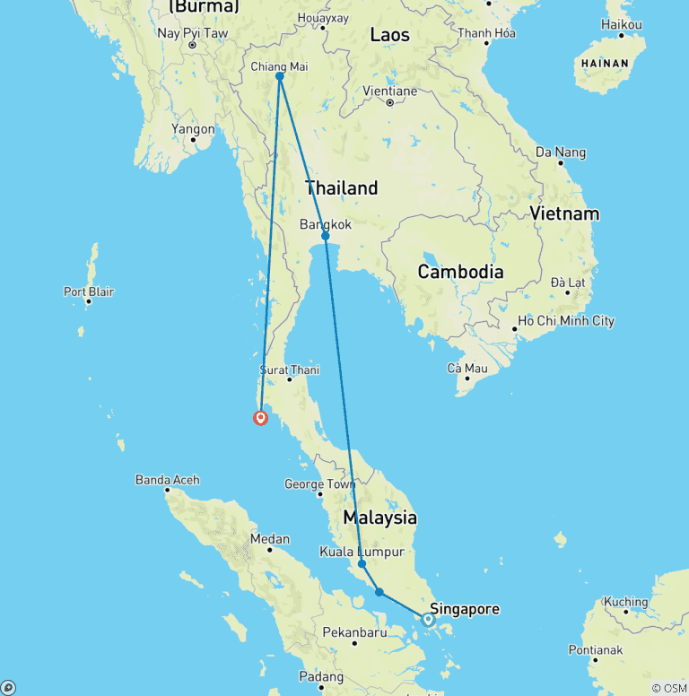 Map of 17 Days Singapore, Malaysia and Thailand Hightlights (private guide & driver）