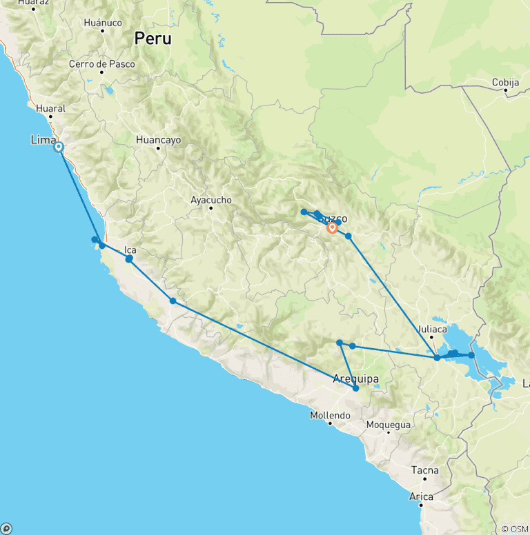 Map of Private & Flexible Peru Tour: Machu Picchu, Cusco, Lake Titicaca, Colca Canyon, Lima, Ballestas Islands, Ica, Huacachina & Nazca ?✨