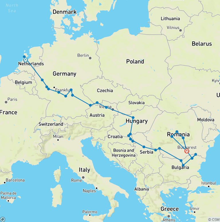 Map of North Sea to Black Sea with Transylvania 2026 - 27 Days