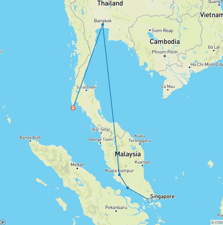 Map of 14 Days Perfect Blend of Singapore, Malaysia and Thailand Family Tour (private guide & driver）