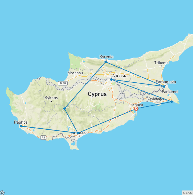 Map of Personalized Cyprus Tour with Flexible Time, Daily Start & Private Car and Driver