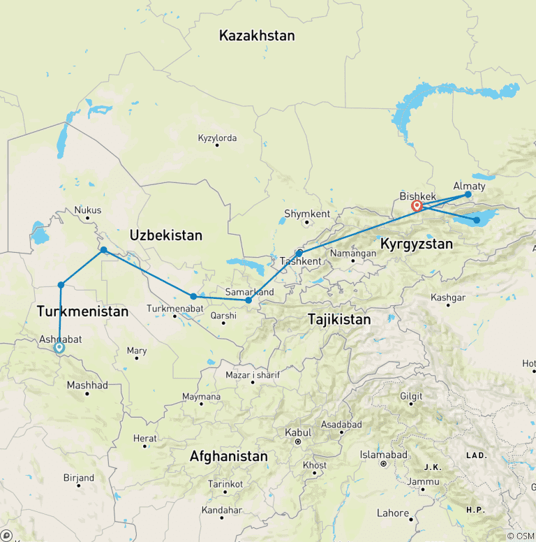 Map of Jewels of the Silk Road & Kyrgyzstan Extension – LUXURY RAIL
