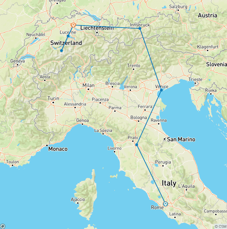 Map of ITALIAN CHARM AND ALPINE MAJESTY: FROM ANCIENT ROME TO SWISS MOUNTAINTOPS