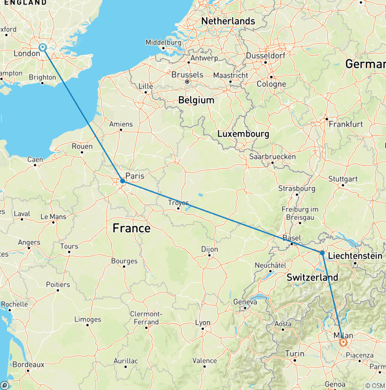 Map of 9 Day From London to Milan by train(London, Paris, Zurich, and Milan.)