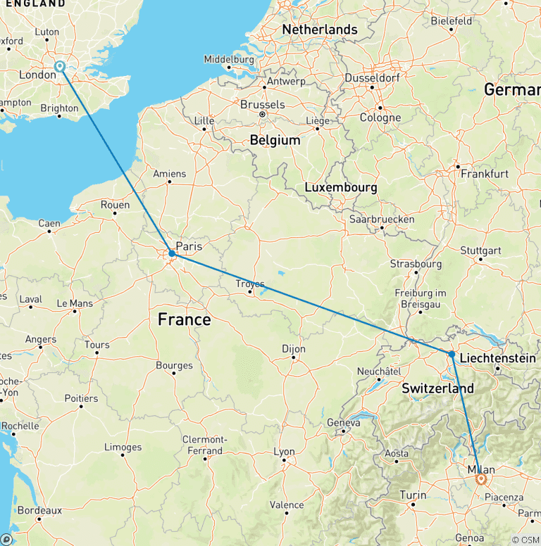 Map of 9 Day From London to Milan by train(London, Paris, Zurich, and Milan.)