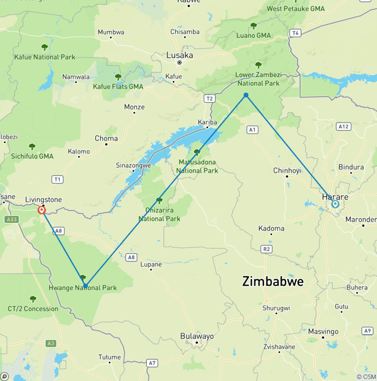 Map of Zimbabwe's Finest: 9-Day Luxury Fly-In Safari to Mana Pools, Hwange & Victoria Falls