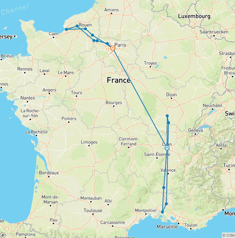 Map of Normandy & Gems of the Seine & Spectacular South of France 2026 - 21 Days (from Lyon to Paris)