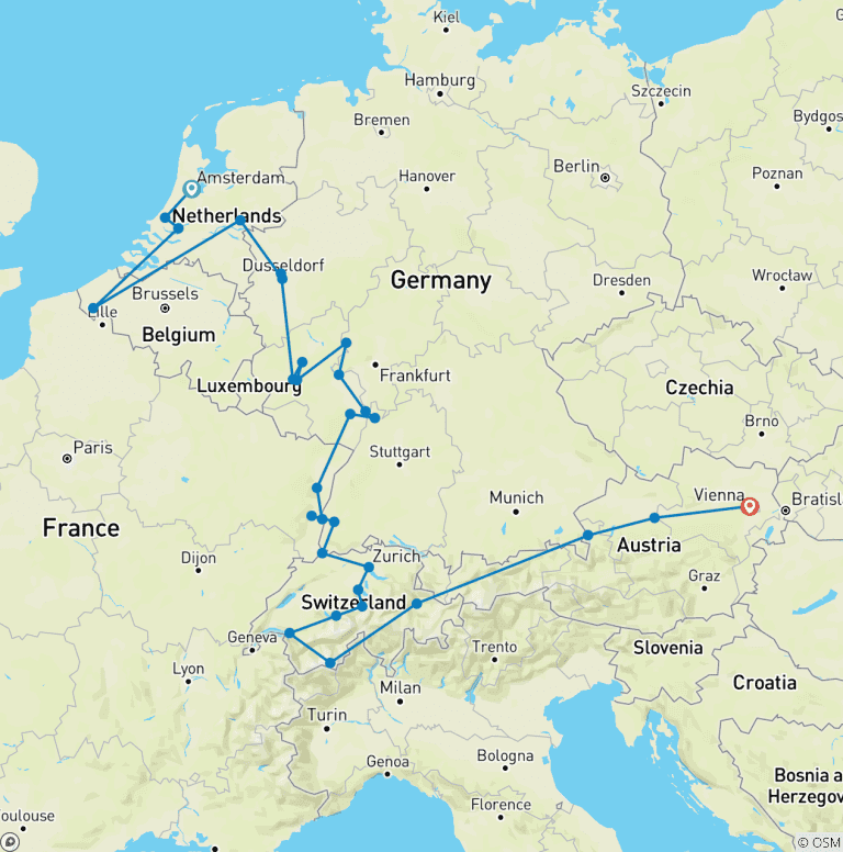 Map of Romantic Rhine & Moselle with Wonders of Switzerland & Austria 2026 - 29 Days (40 destinations)