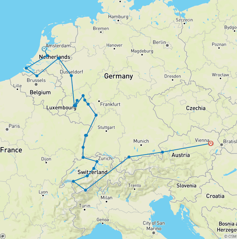 Map of Romantic Rhine & Moselle with Switzerland & Austria 2026 - 29 Days (from Amsterdam to Vienna)