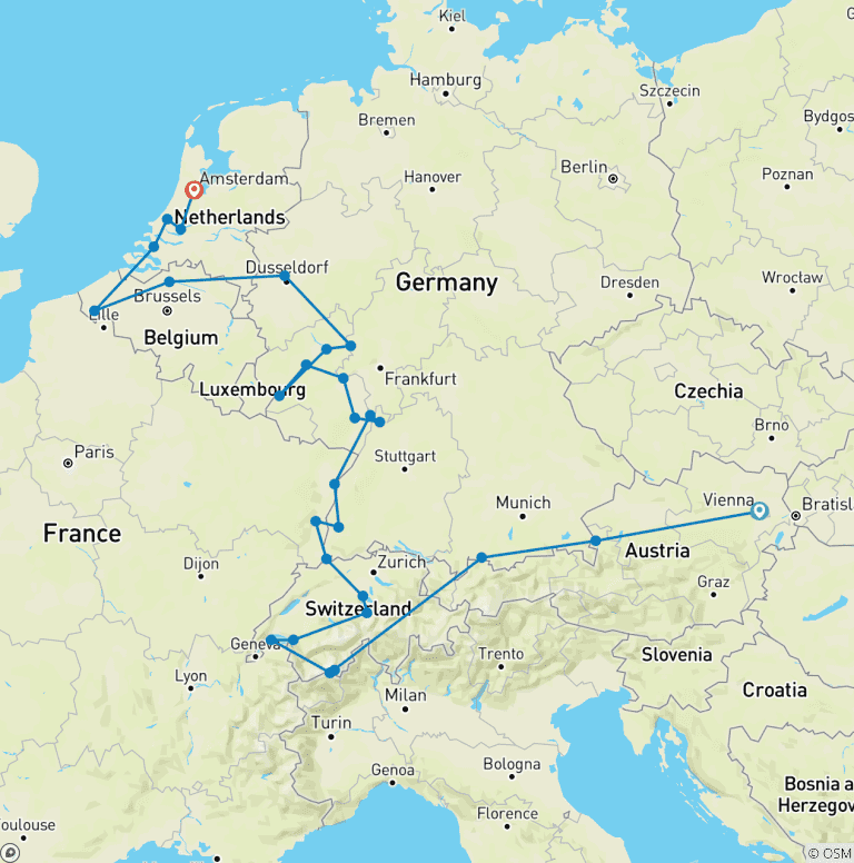 Map of Romantic Rhine & Moselle with Wonders of Switzerland & Austria 2026 - 29 Days (44 destinations)