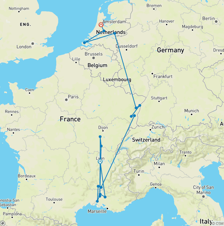 Map of Wondrous Europe 2026 - 25 Days (from Lyon to Amsterdam)