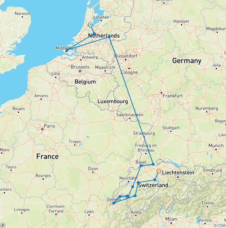 Map of Romantic Rhine & Moselle with Switzerland 2026 - 19 Days (15 destinations)