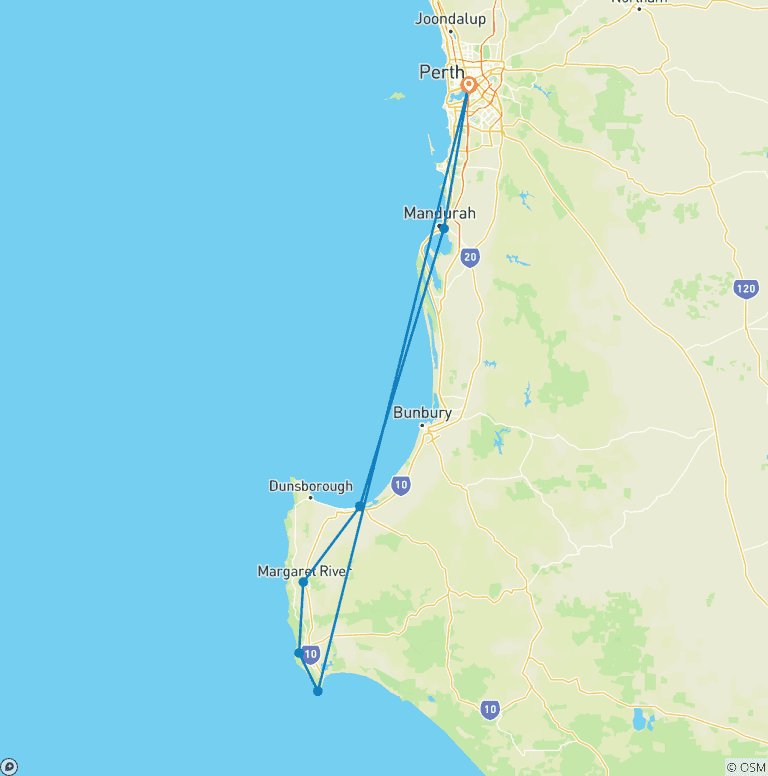 Map of Perth to Margaret River - 3 days