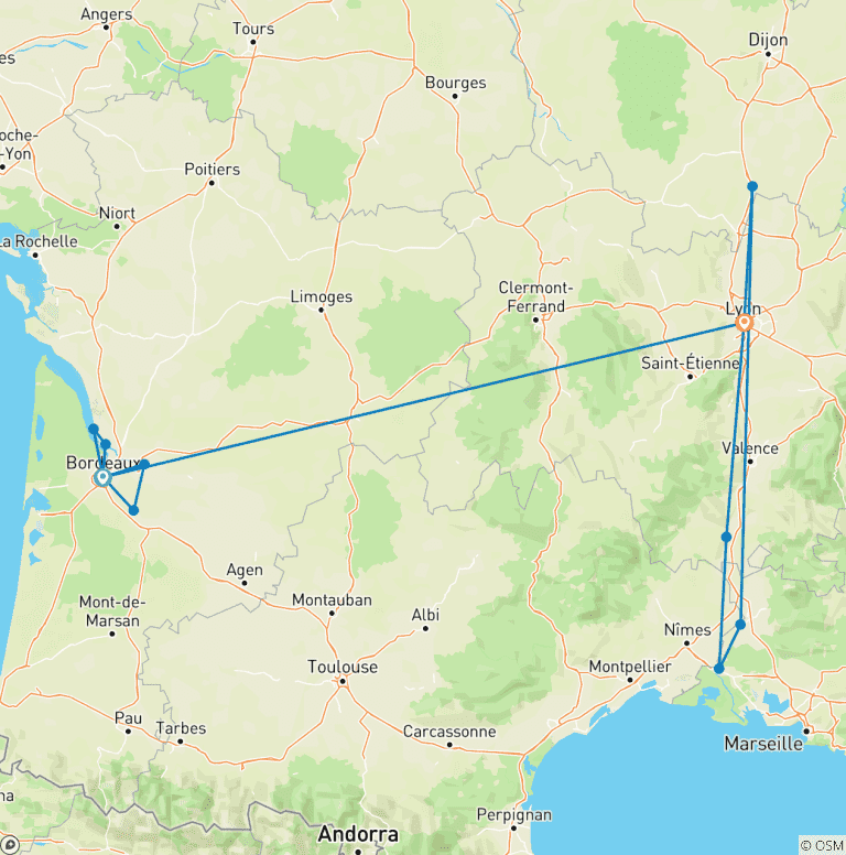 Map of Iconic France 2026 - 21 Days (from Bordeaux to Lyon)