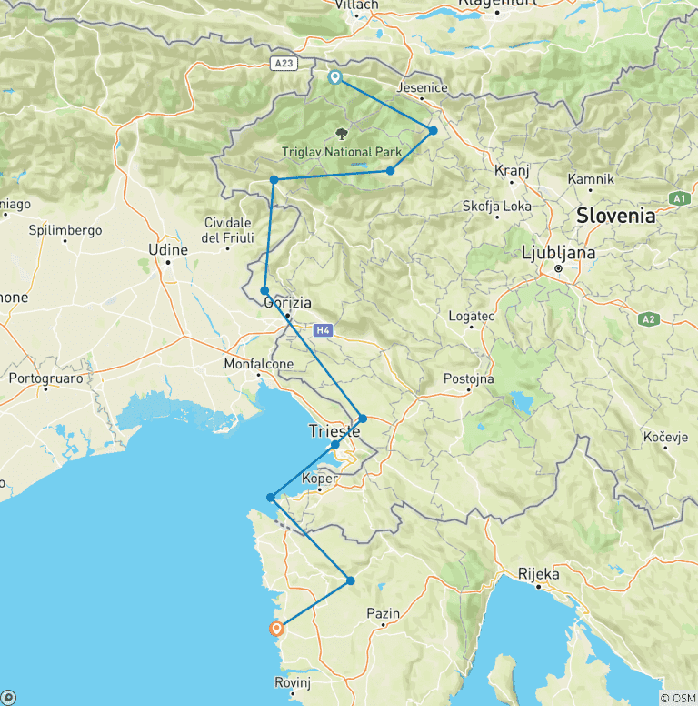 Map of Alps to Adriatic Cycling - from Lake Bled to Poreč via Parenzana