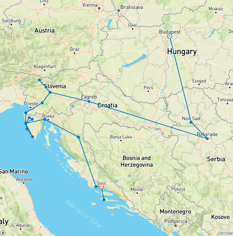 Map of Budapest, Belgrade & Bled to Split - 13 days