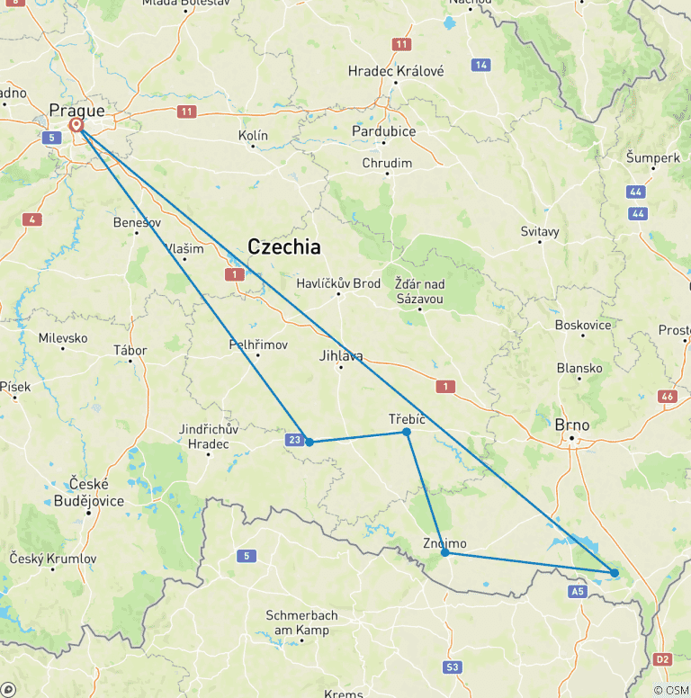 Map of Prague & South Moravia at an Easy Pace – 6 Days (UNESCO & Wine)