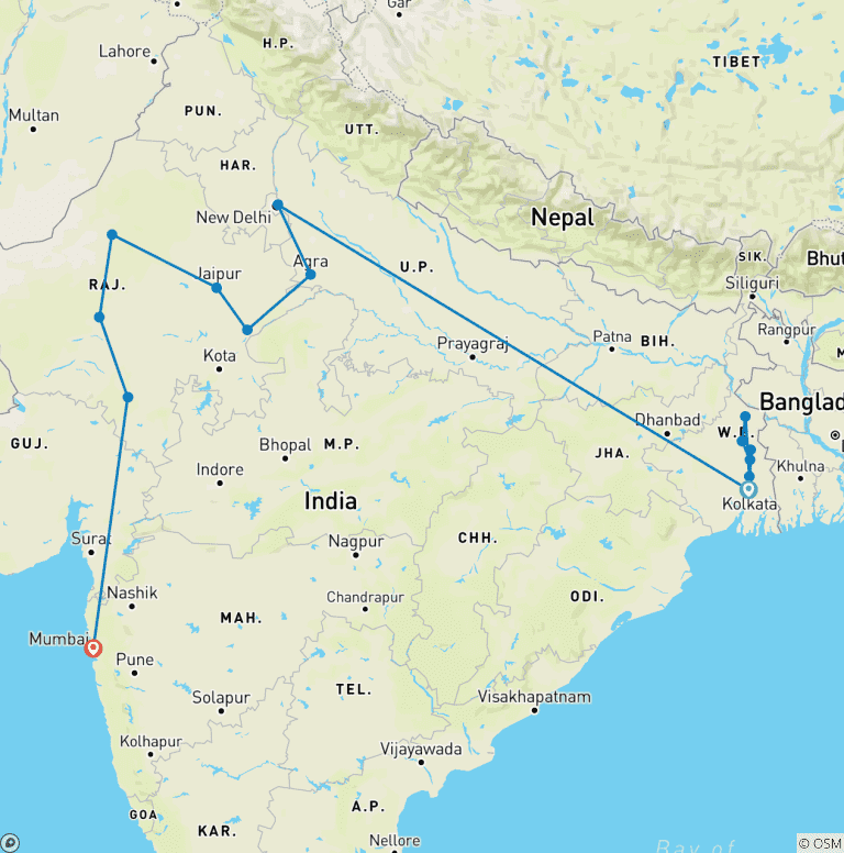 Map of Cruise & Rail: The Sacred Ganges & the Maharajas' Express (2026) (Kolkata to Mumbai, 2026)