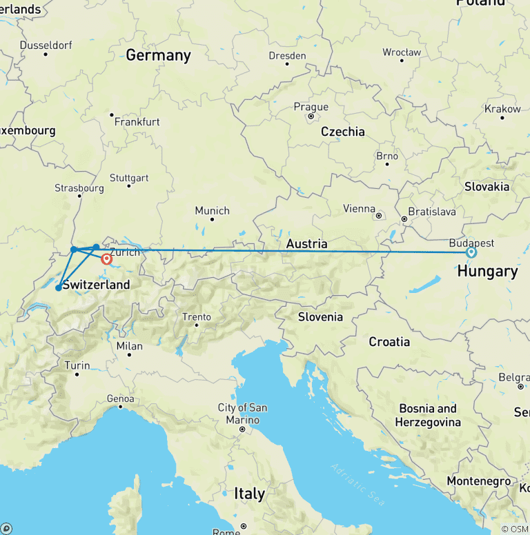 Map of Jewels of Europe & Romantic Rhine & Moselle 2026 - 29 Days (6 destinations)