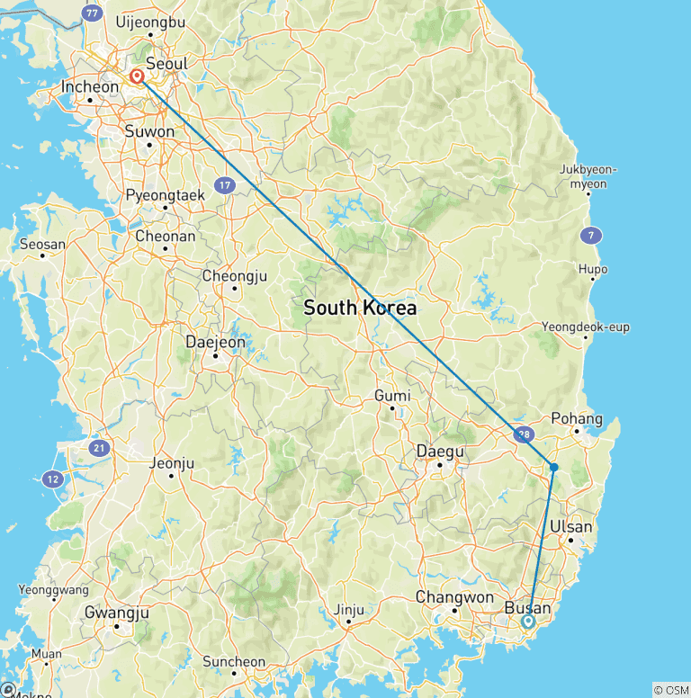 Map of 6-Day South Korea Adventure From Busan to Seoul