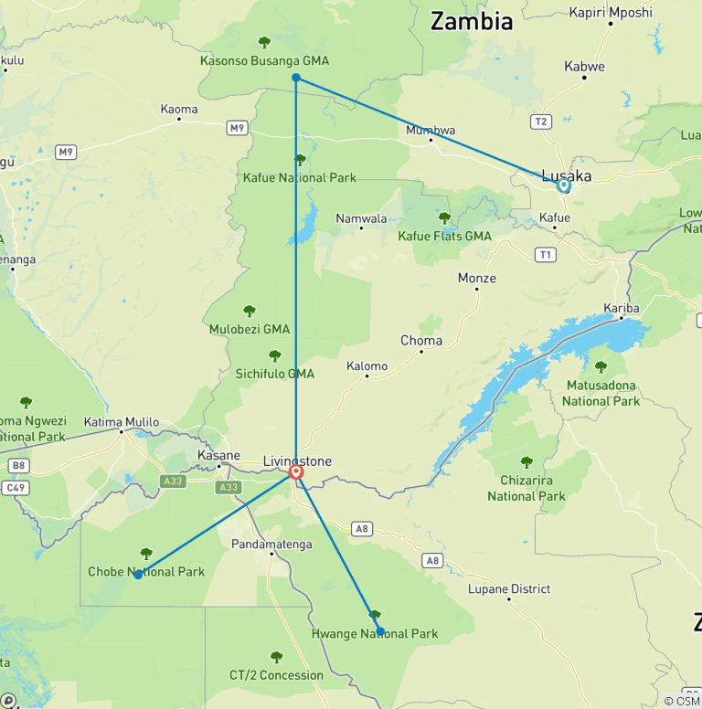 Map of 11- Days of Great Safari Expedition: Busanga Plains, Kafue, Mosi-oa-Tunya (Zambia), Chobe  (Botswana) and Hwange National Parks (Zimbabwe).