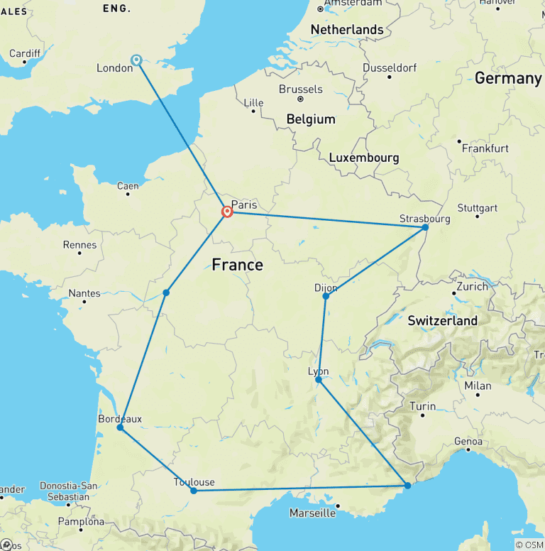 Map of 18 Day London And France By Train Including (London, Paris, Strasbourg, Dijon, Lyon, Bordeaux and more.)