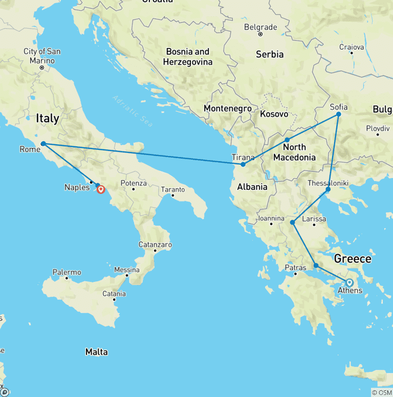 Map of Greece, the Balkans and Italy Tour with FLIGHT INCLUDED