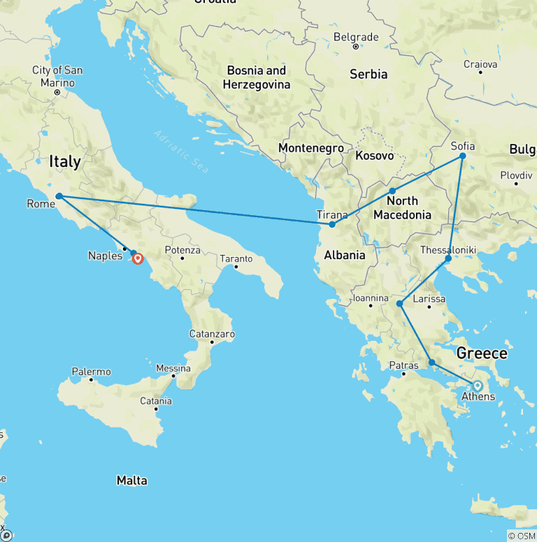 Map of IT - Athens to Rome & Amalfi - Greece, the Balkans and Italy Tour with 1 included flight