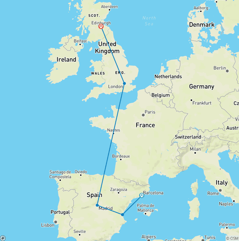 Map of 13 Day Barcelona, Valencia, Madrid, London, and Edinburgh.