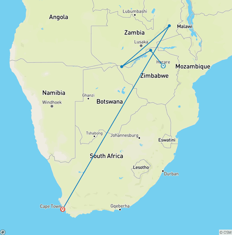 Map of The Perfect Blend of Luxury, Adventure, and Relaxation in Southern Africa 13 Days/12 Nights